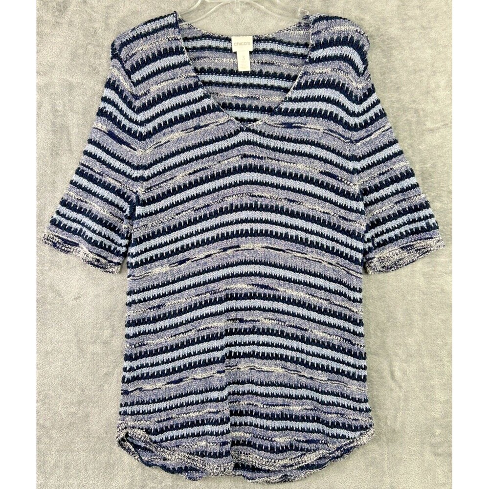 Chico's Women's 3 L Blue Silver Open Knit Blouse Metallic Short Sleeve‎ Pullover